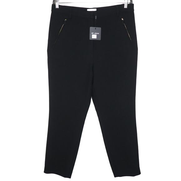 ST JOHN NEW High Rise Zipped Pocket Trousers Tapered Ponte Knit BlackWomen's 12 - Picture 1 of 9